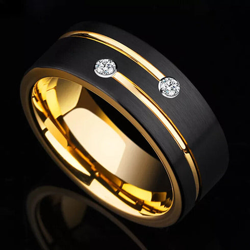 Men's 8mm Tungsten Black Gold Groove Line CZ Comfort-Fit Wedding Band